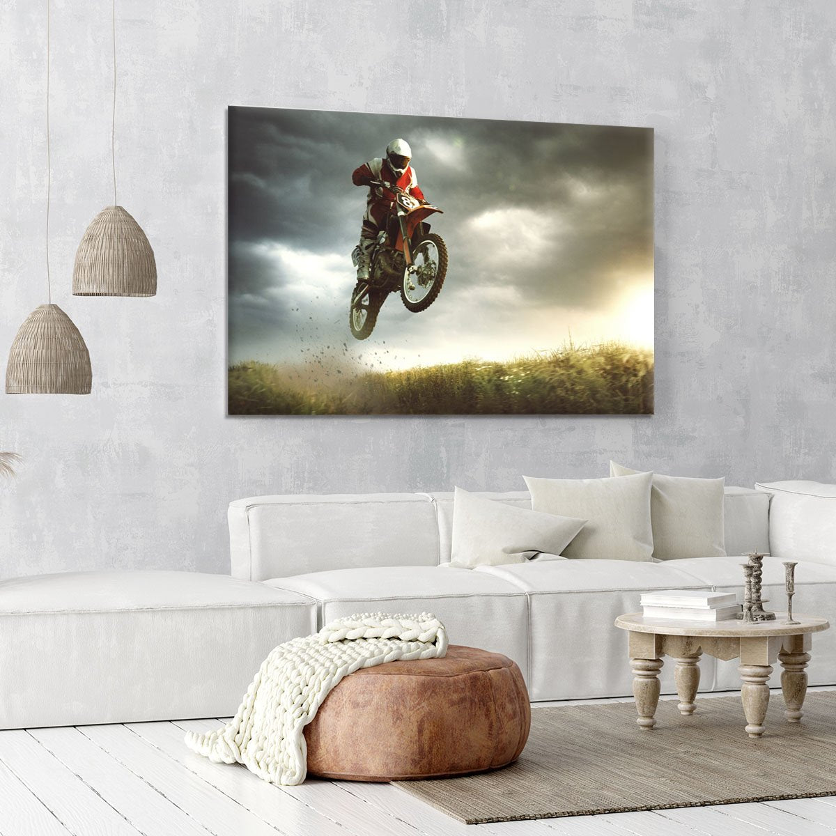 Motorbike jumps in the air Canvas Print or Poster