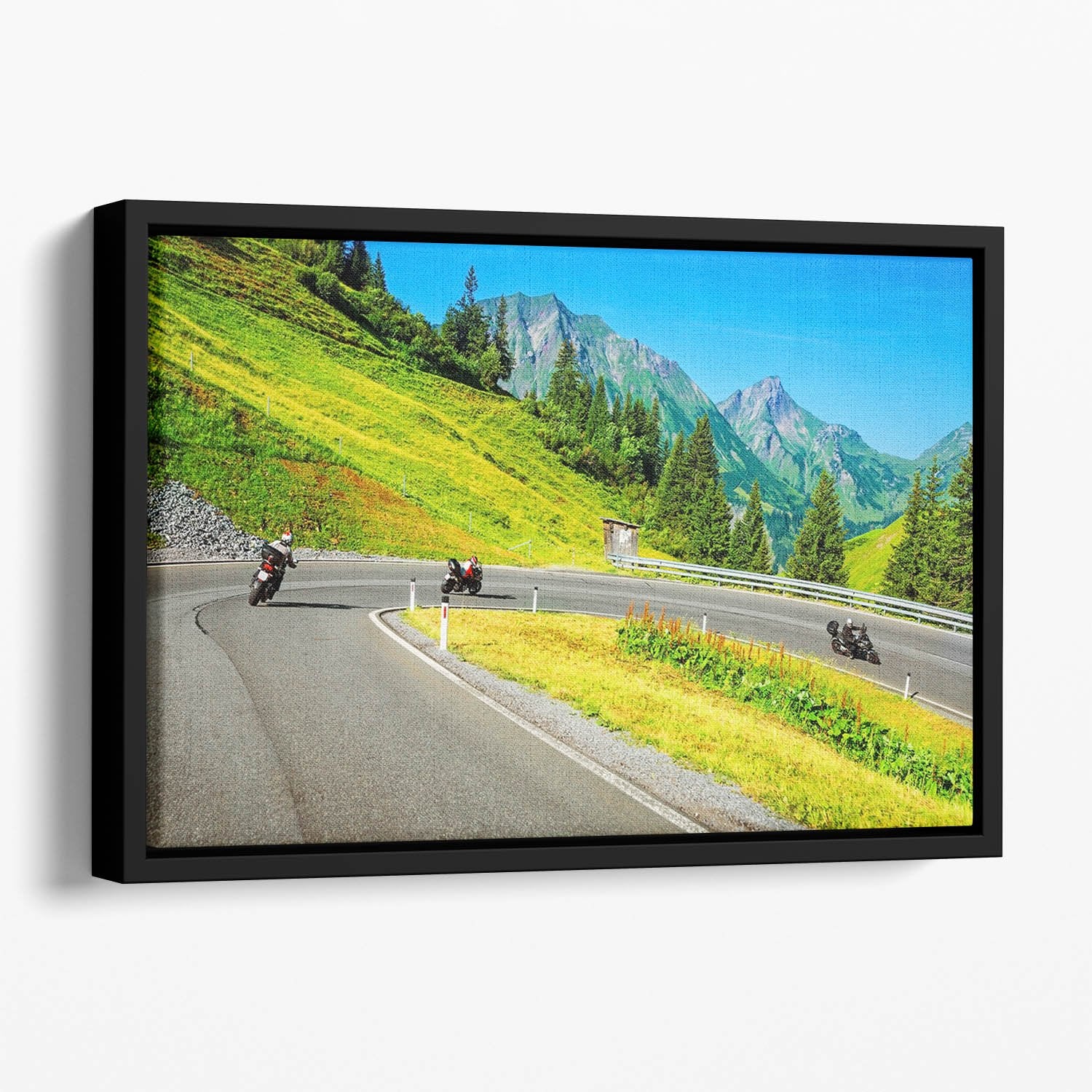 Motorbikers group in the moutains Floating Framed Canvas