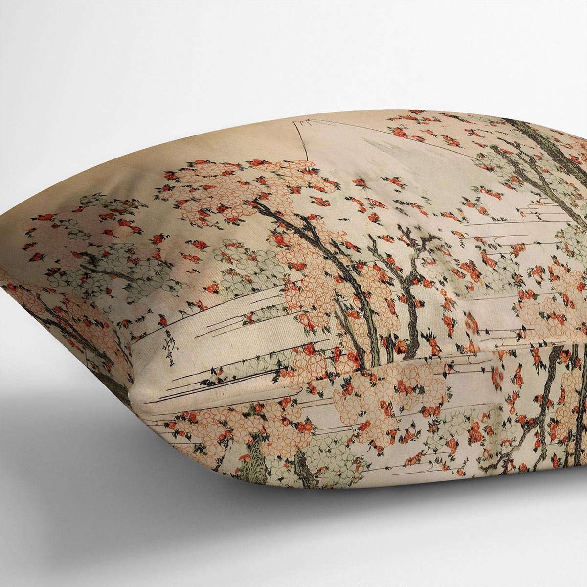 Mount Fuji behind cherry trees and flowers by Hokusai Throw Pillow