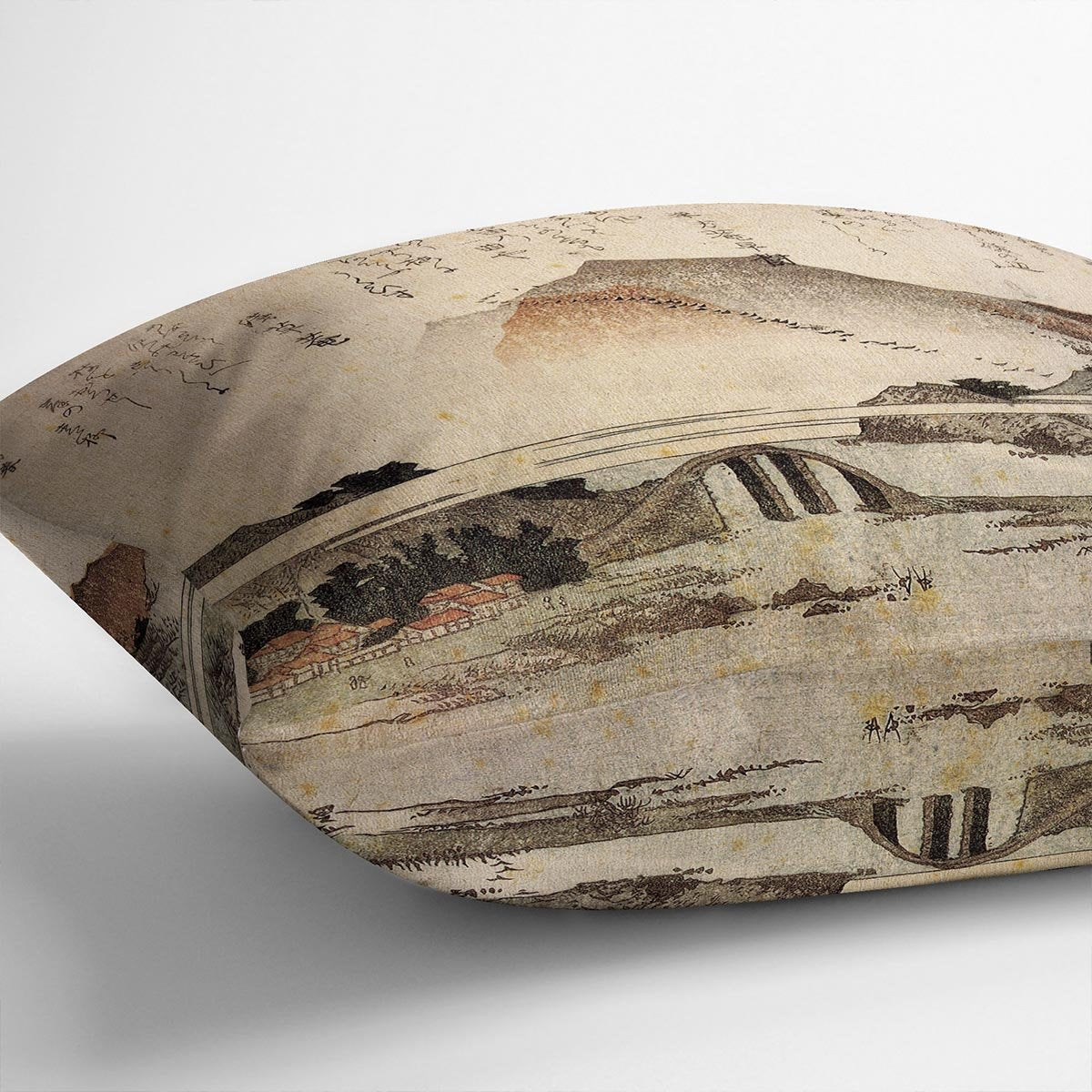 Mountain landscape with a bridge by Hokusai Throw Pillow