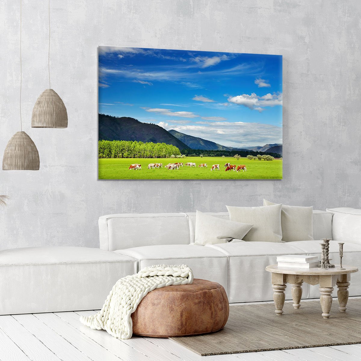 Mountain landscape with grazing cows and sky Canvas Print or Poster