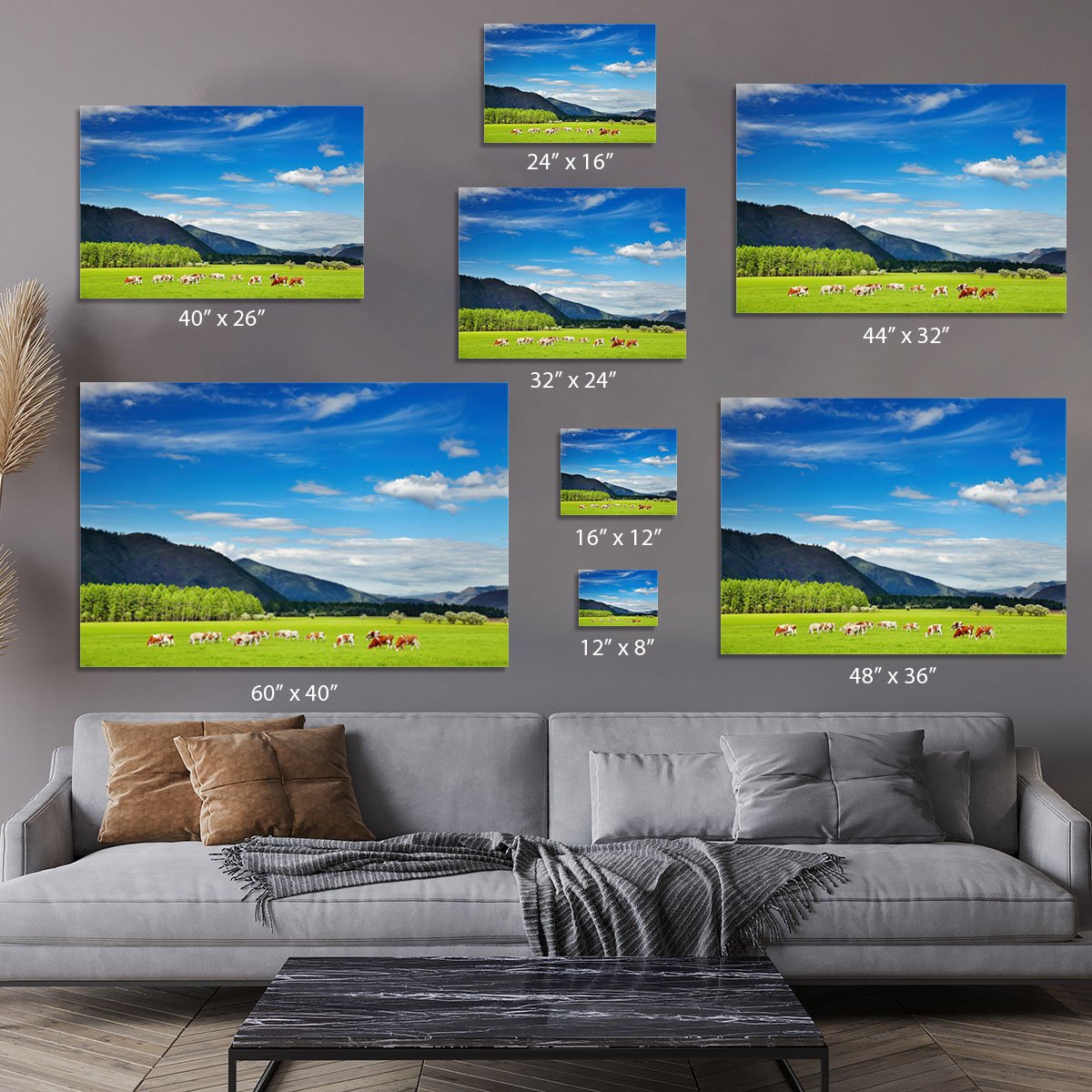 Mountain landscape with grazing cows and sky Canvas Print or Poster