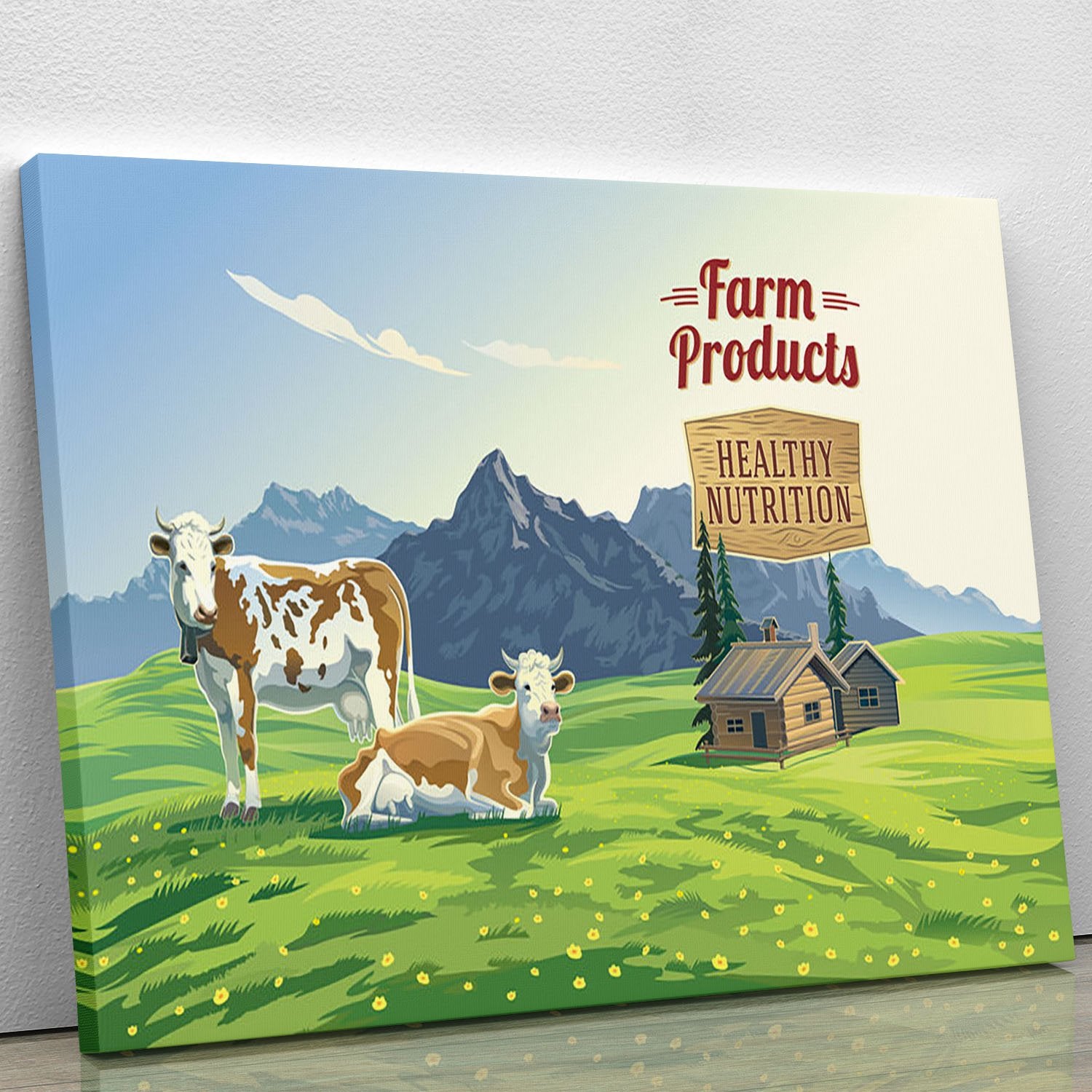 Mountain landscape with two cows Canvas Print or Poster