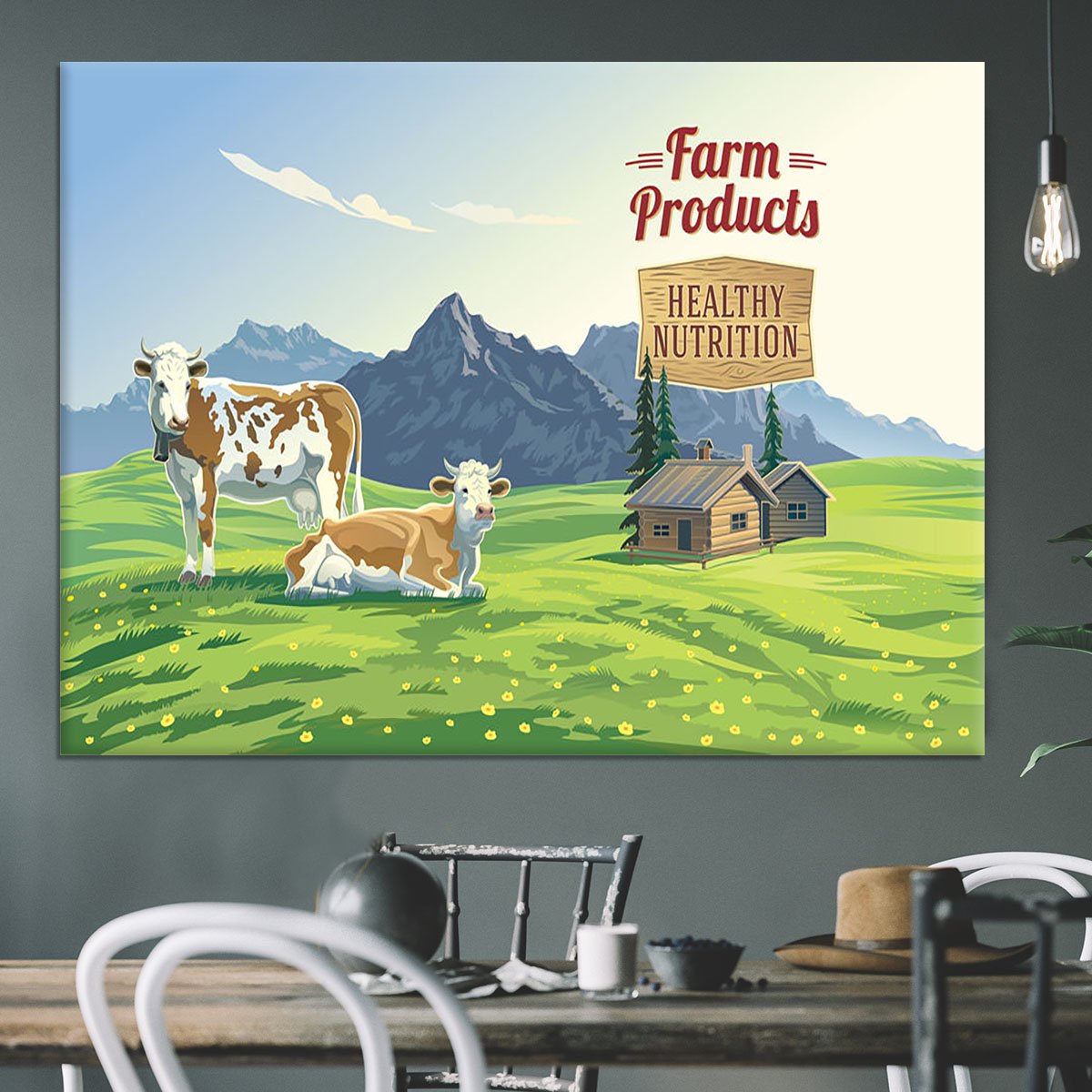 Mountain landscape with two cows Canvas Print or Poster