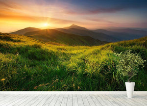 Mountain valley during sunrise Wall Mural Wallpaper - Canvas Art Rocks - 4