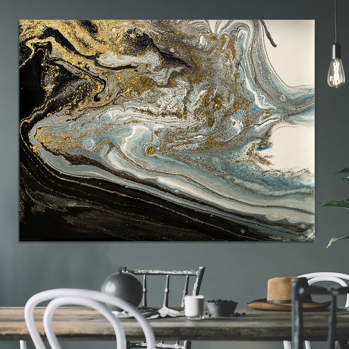 Navy Gold and White Marble Swirl Canvas Print or Poster