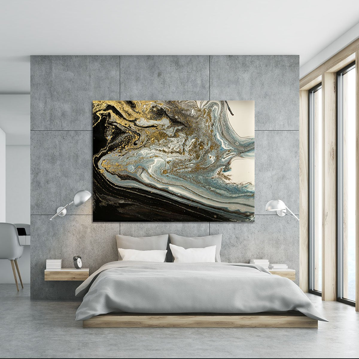 Navy Gold and White Marble Swirl Canvas Print or Poster