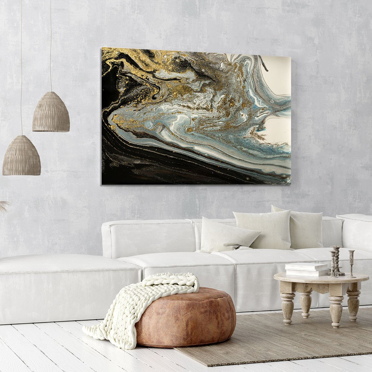 Navy Gold and White Marble Swirl Canvas Print or Poster