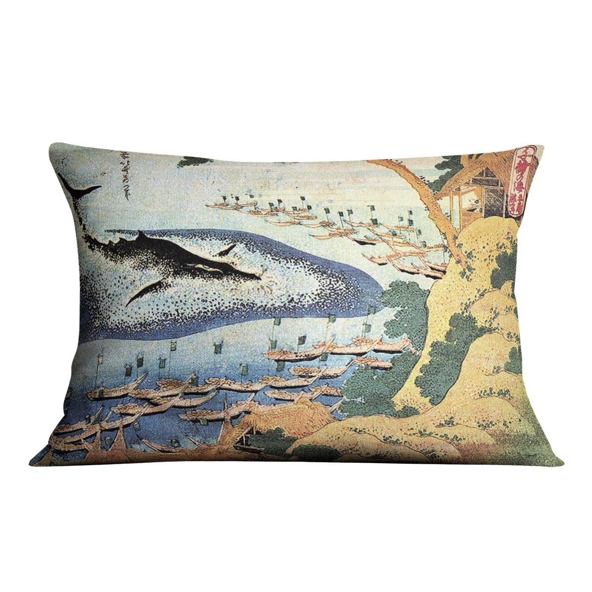 Ocean landscape and whale by Hokusai Throw Pillow