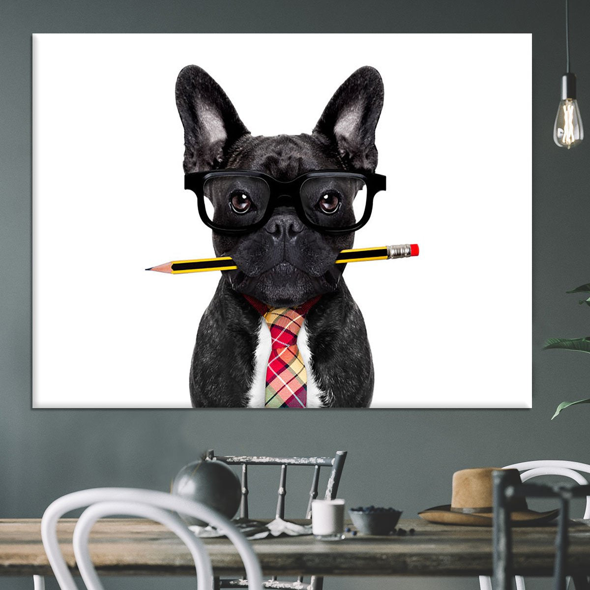 Office businessman french bulldog dog with pen Canvas Print or Poster