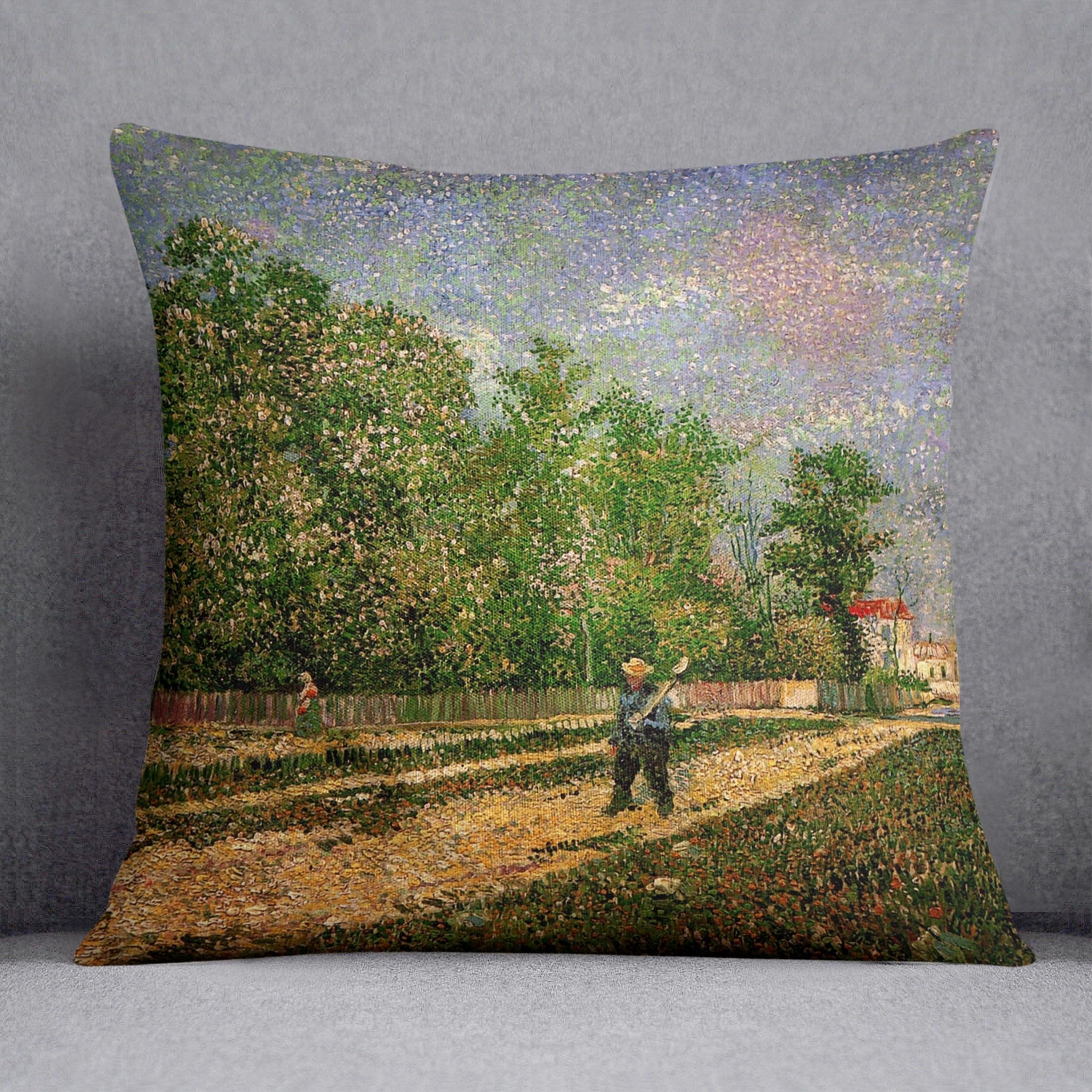 Outskirts of Paris Road with Peasant Shouldering a Spade by Van Gogh Throw Pillow