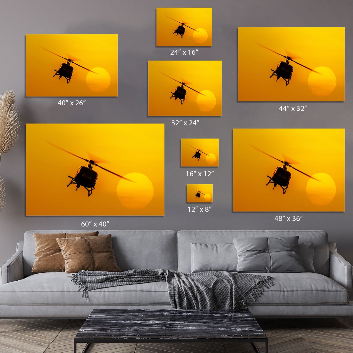 Patrol helicopter flying in sunset Canvas Print or Poster