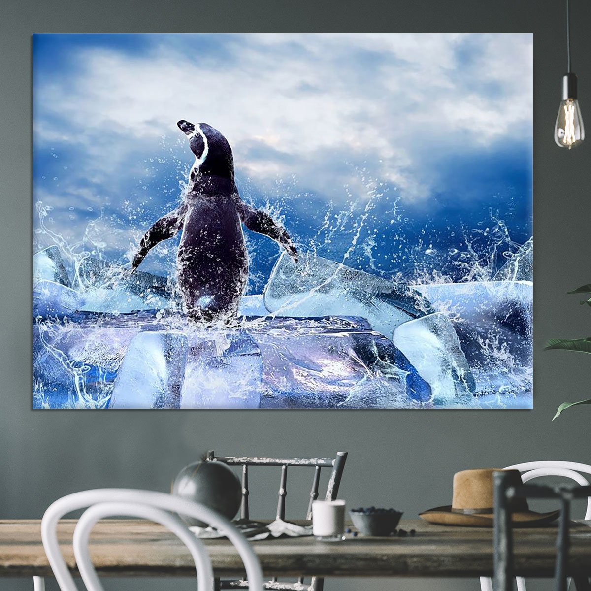 Penguin on the Ice in water drops Canvas Print or Poster