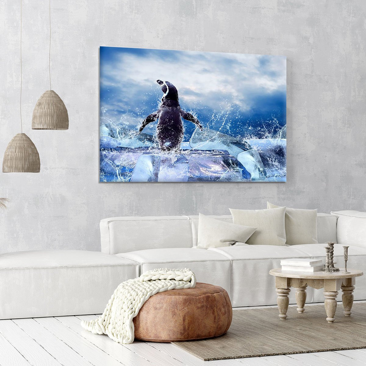 Penguin on the Ice in water drops Canvas Print or Poster