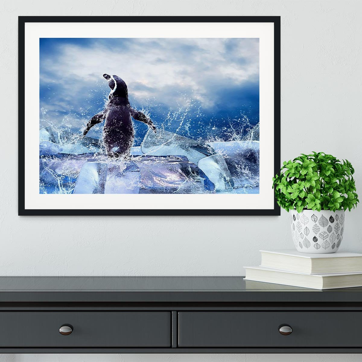 Penguin on the Ice in water drops Framed Print - Canvas Art Rocks - 1