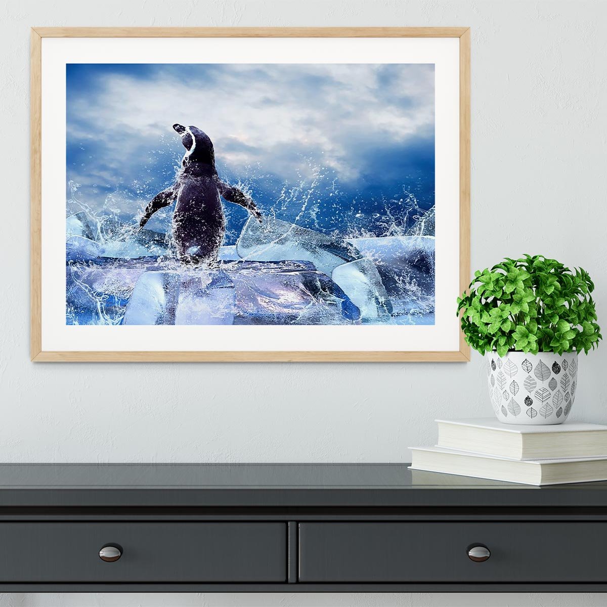 Penguin on the Ice in water drops Framed Print - Canvas Art Rocks - 3