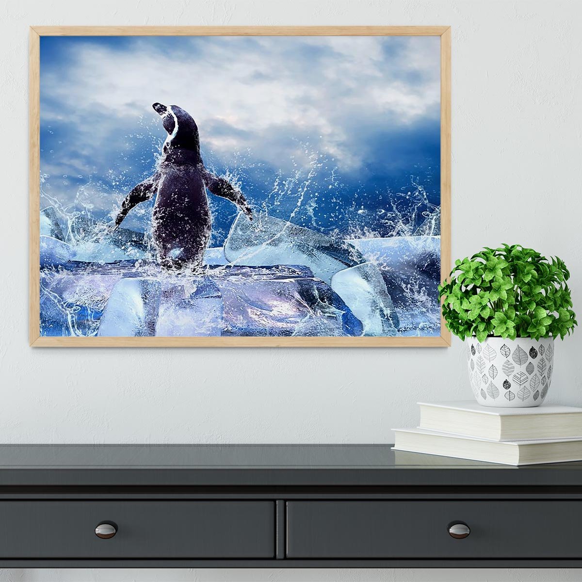 Penguin on the Ice in water drops Framed Print - Canvas Art Rocks - 4