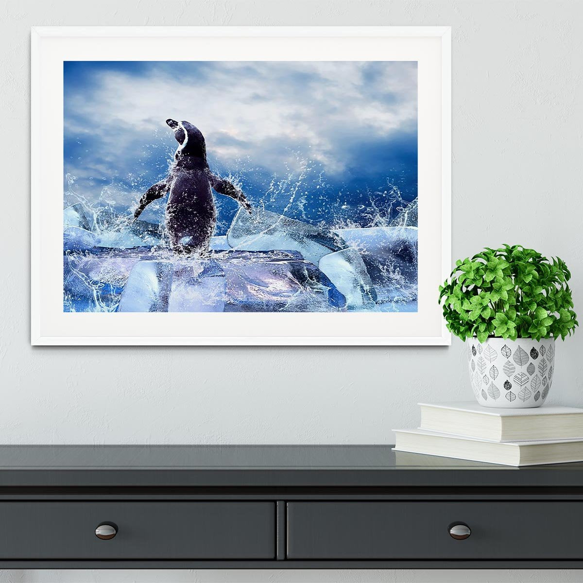 Penguin on the Ice in water drops Framed Print - Canvas Art Rocks - 5