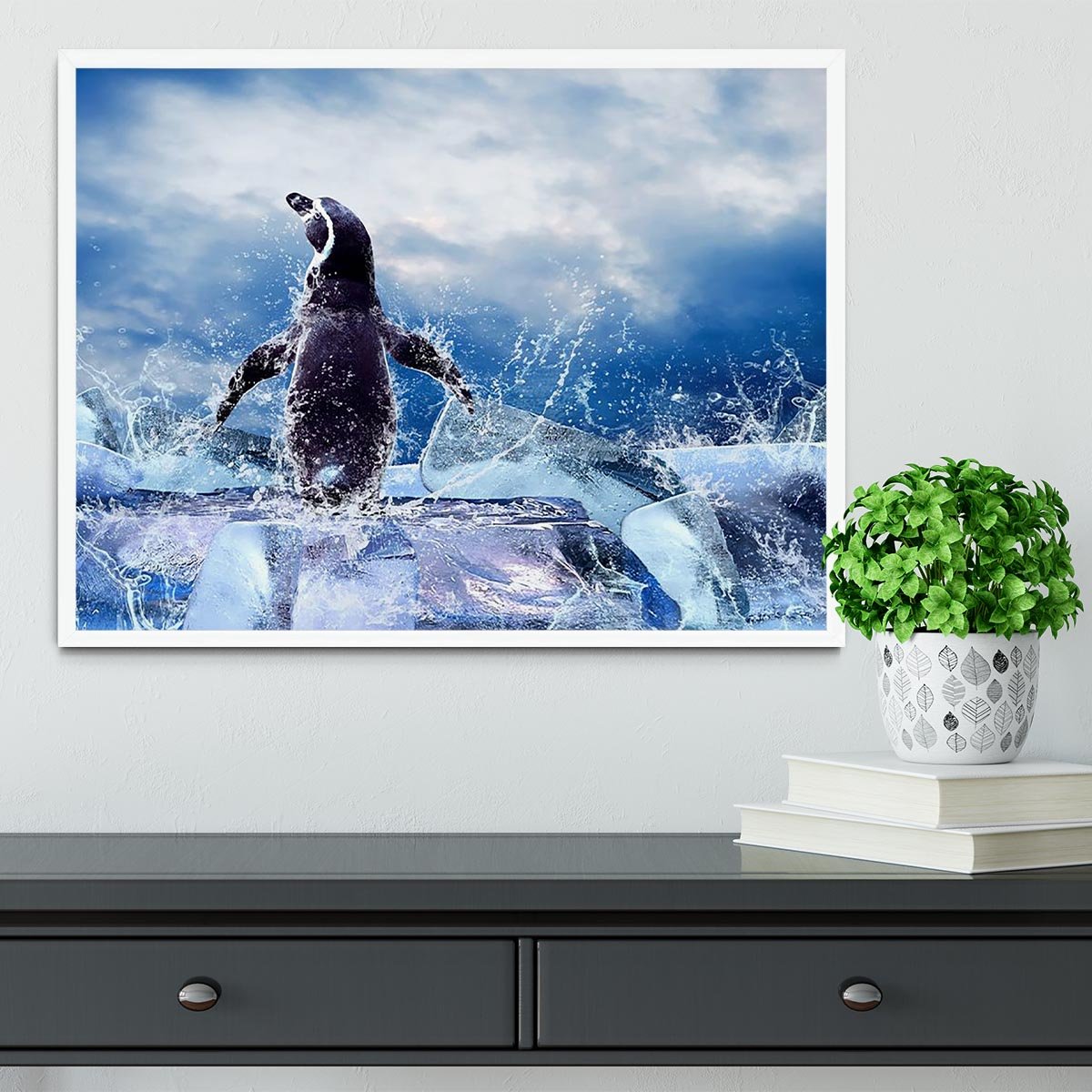 Penguin on the Ice in water drops Framed Print - Canvas Art Rocks -6
