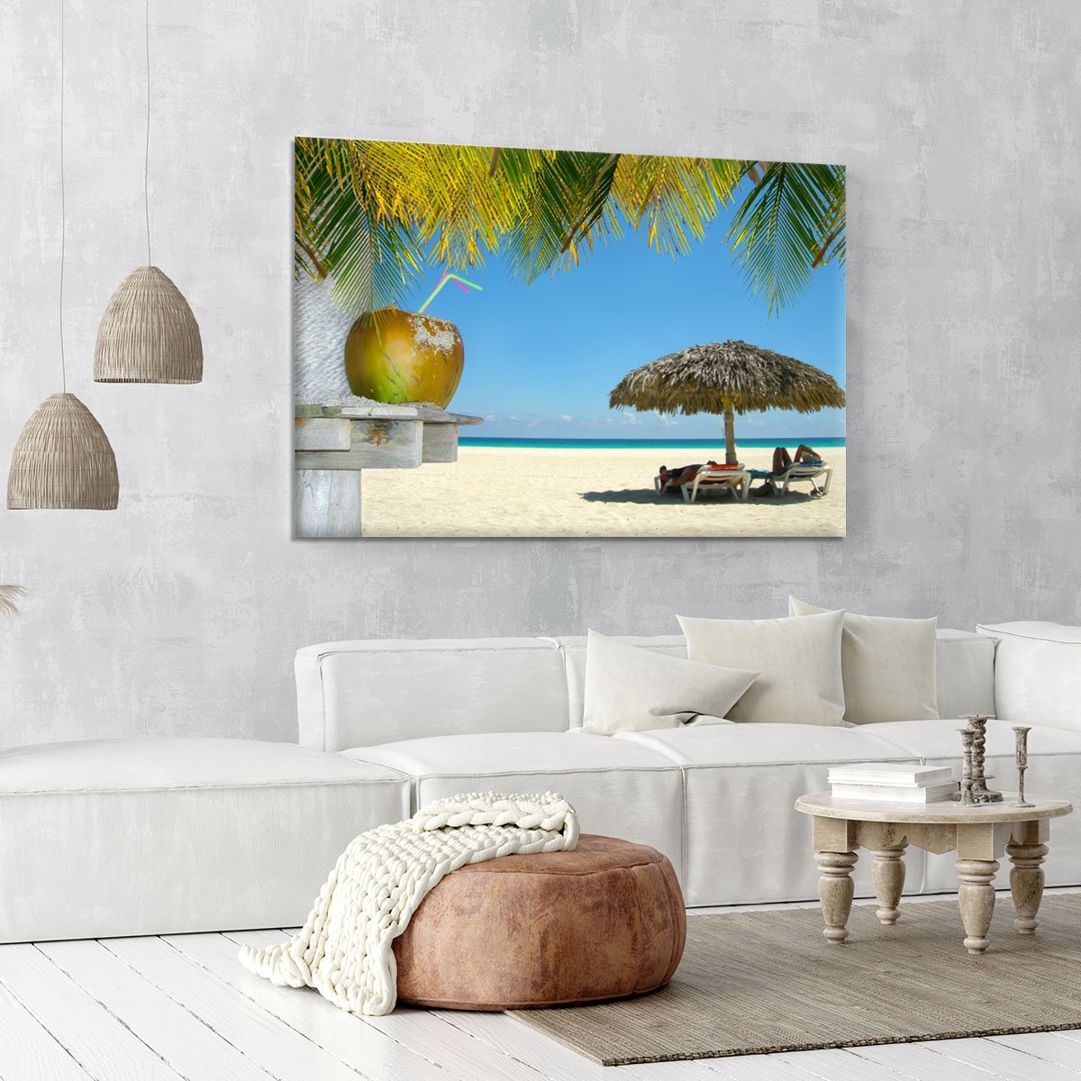 People relaxing under tropical huts with coconut Canvas Print or Poster
