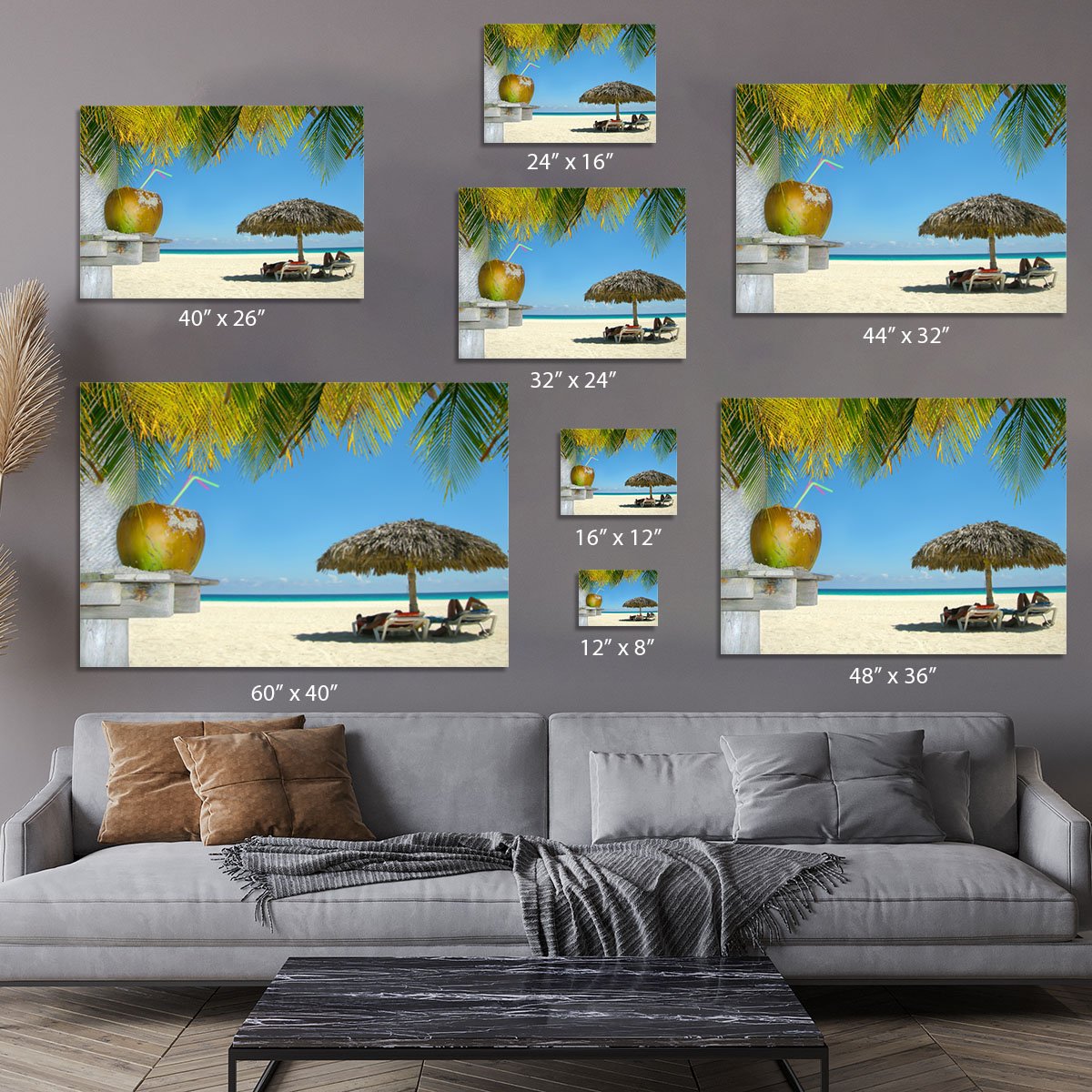 People relaxing under tropical huts with coconut Canvas Print or Poster