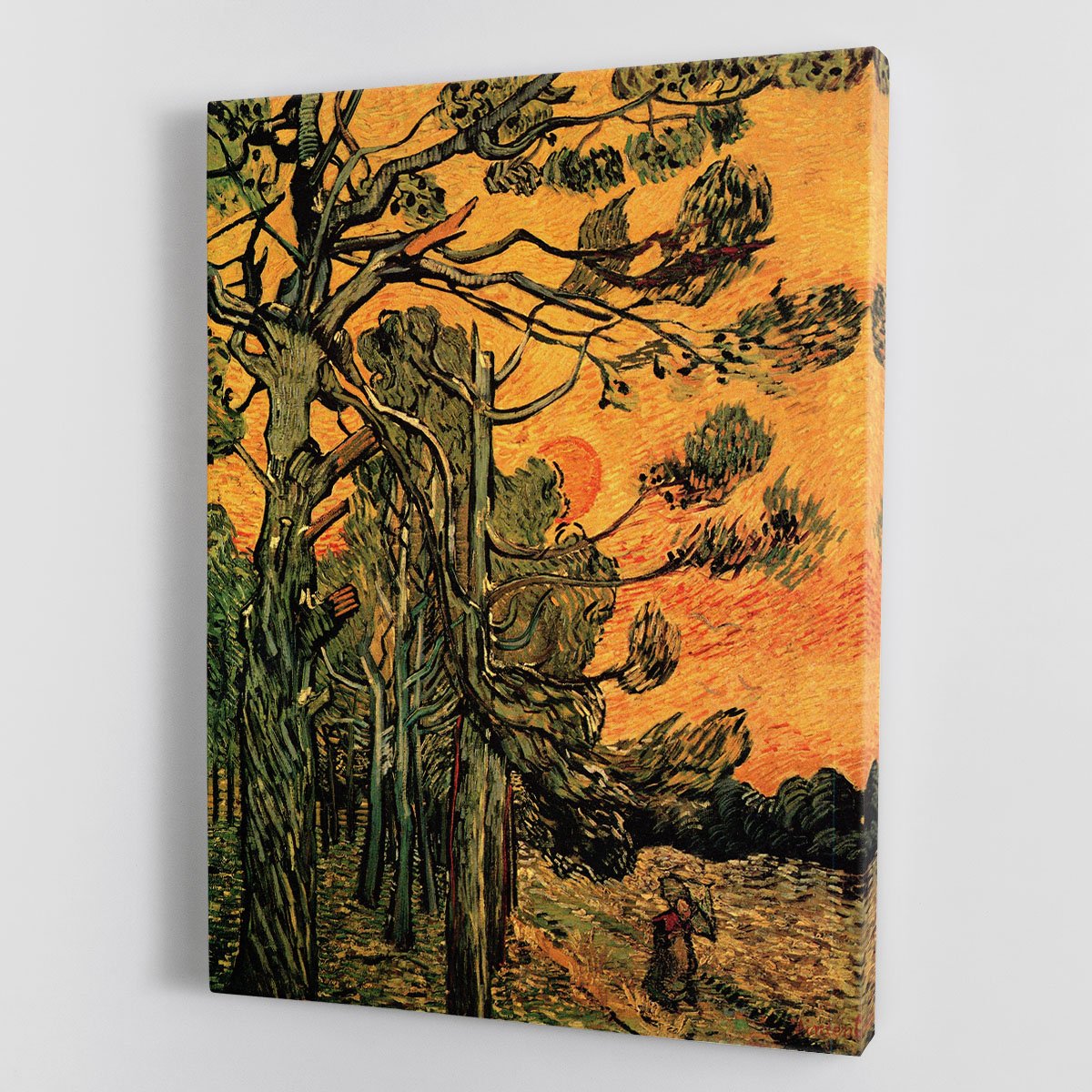 Pine Trees against a Red Sky with Setting Sun by Van Gogh Canvas Print or Poster