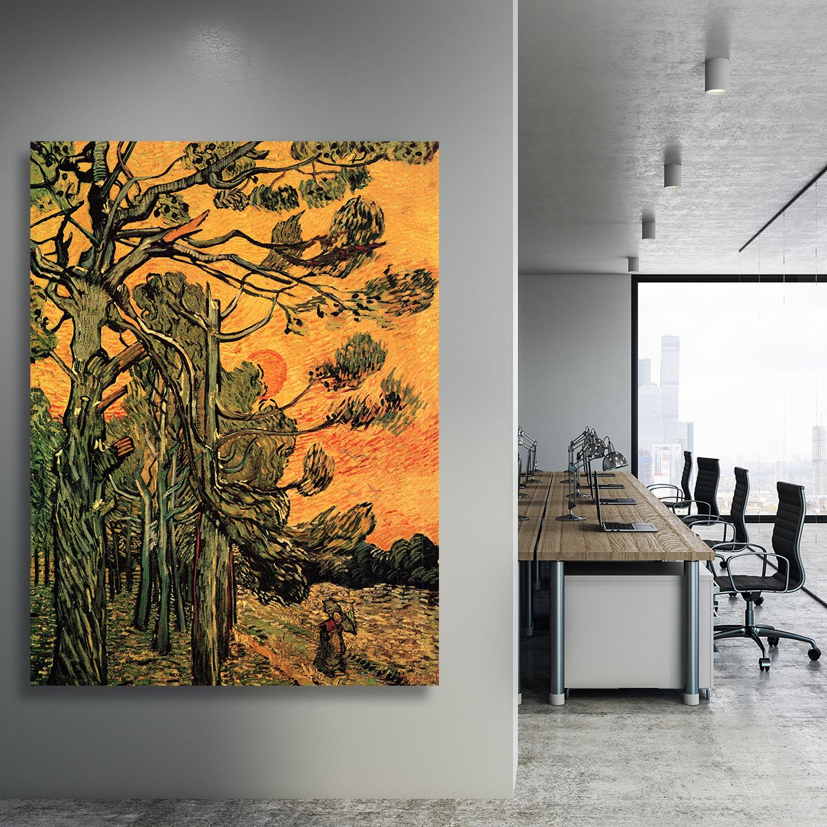 Pine Trees against a Red Sky with Setting Sun by Van Gogh Canvas Print or Poster