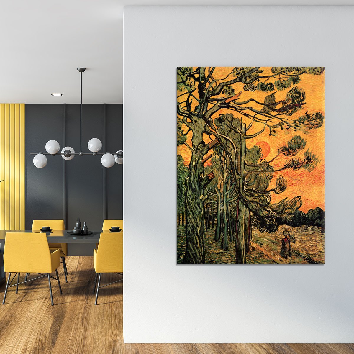 Pine Trees against a Red Sky with Setting Sun by Van Gogh Canvas Print or Poster