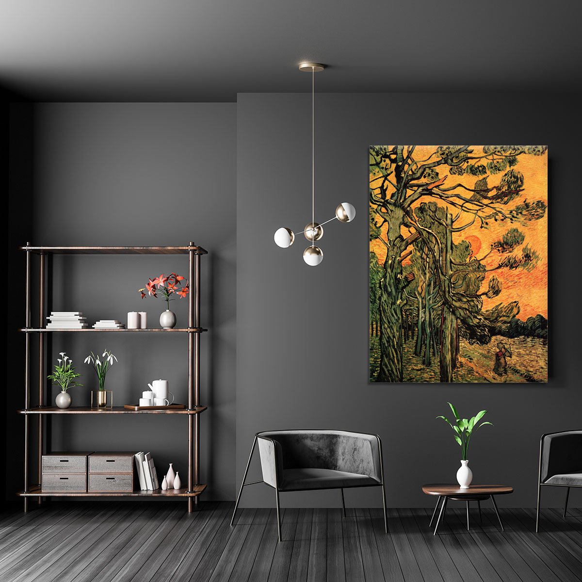 Pine Trees against a Red Sky with Setting Sun by Van Gogh Canvas Print or Poster