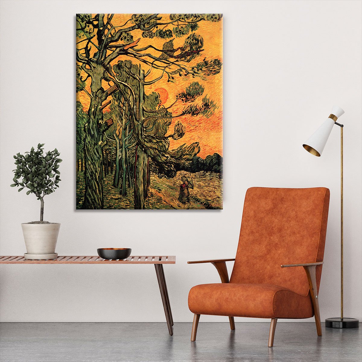 Pine Trees against a Red Sky with Setting Sun by Van Gogh Canvas Print or Poster