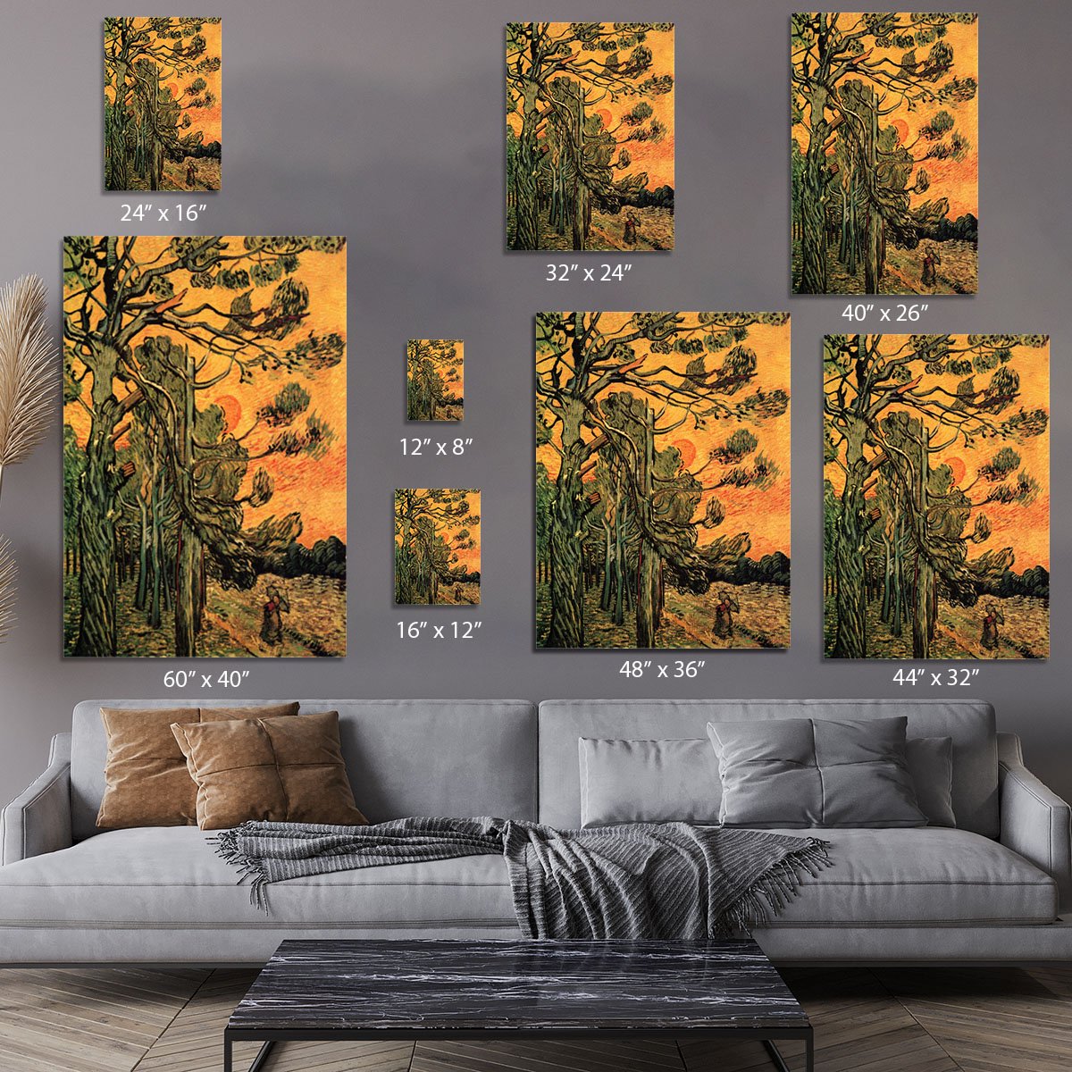 Pine Trees against a Red Sky with Setting Sun by Van Gogh Canvas Print or Poster