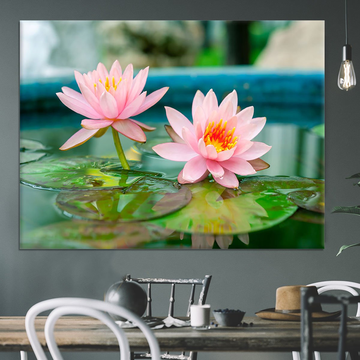 Pink Lotus or water lily in pond Canvas Print or Poster