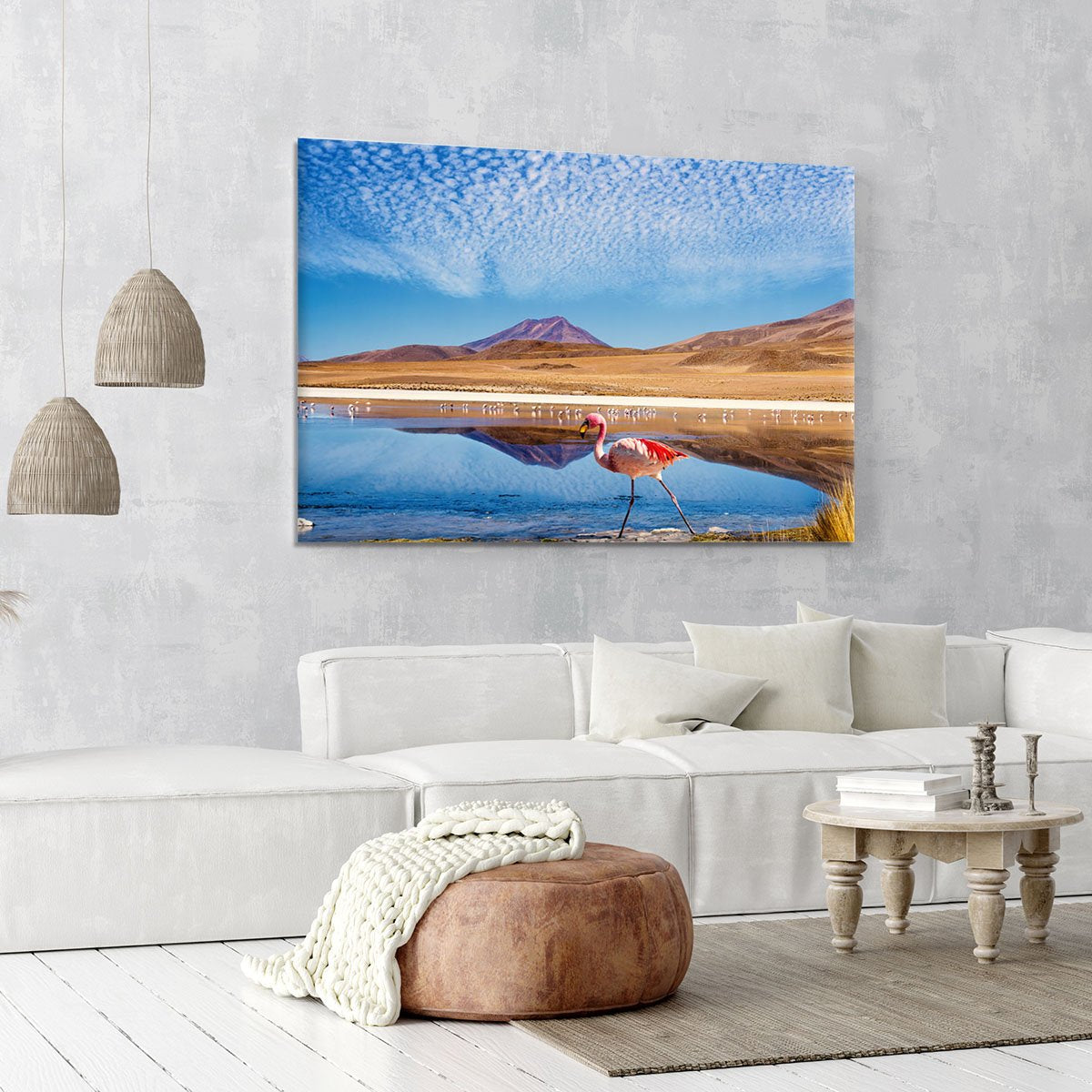 Pink flamingo walking through scene Canvas Print or Poster