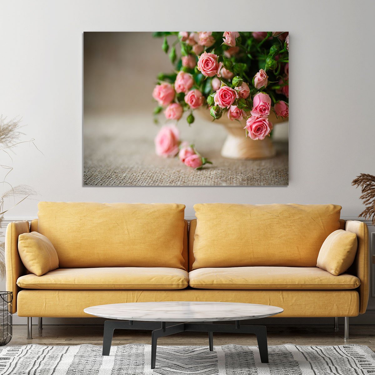 Pink roses on an old table of burlap Canvas Print or Poster