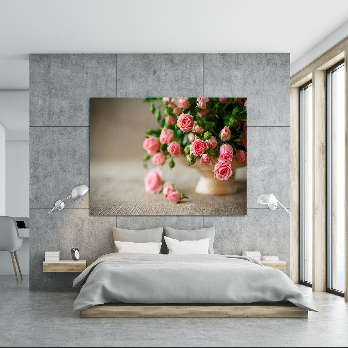Pink roses on an old table of burlap Canvas Print or Poster