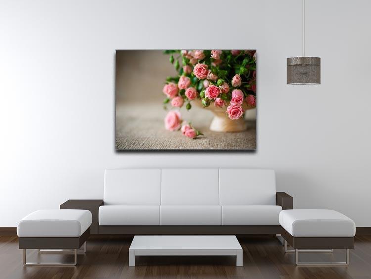 Pink roses on an old table of burlap Canvas Print or Poster - Canvas Art Rocks - 4