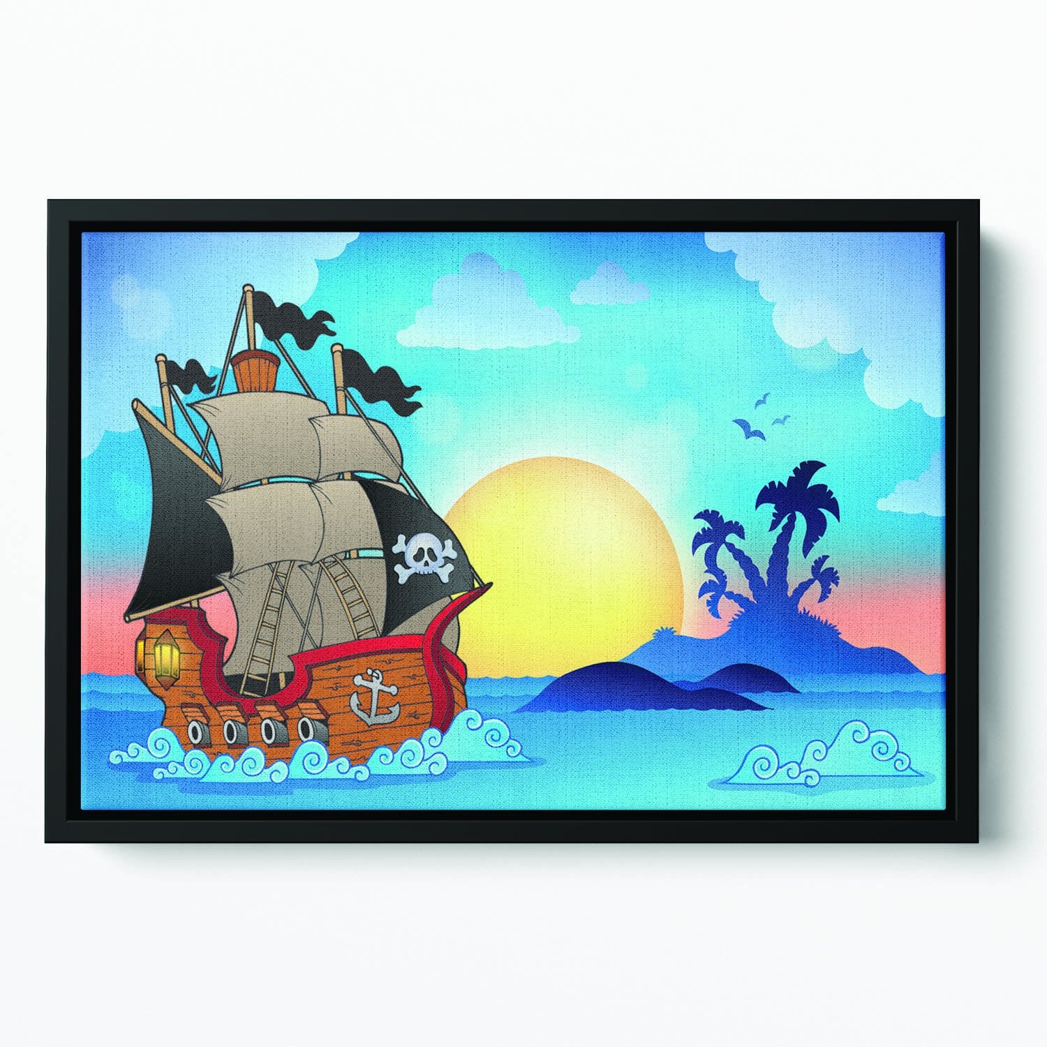 Pirate ship near small island Floating Framed Canvas