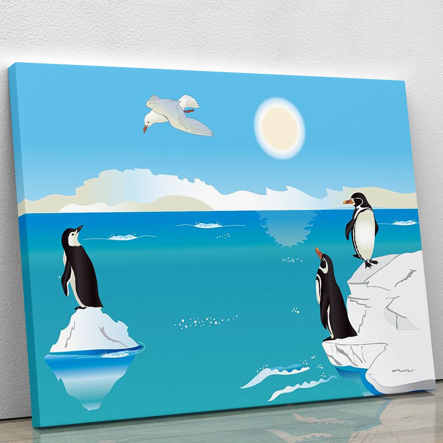 Polar scenery with penguins and sea gull Canvas Print or Poster
