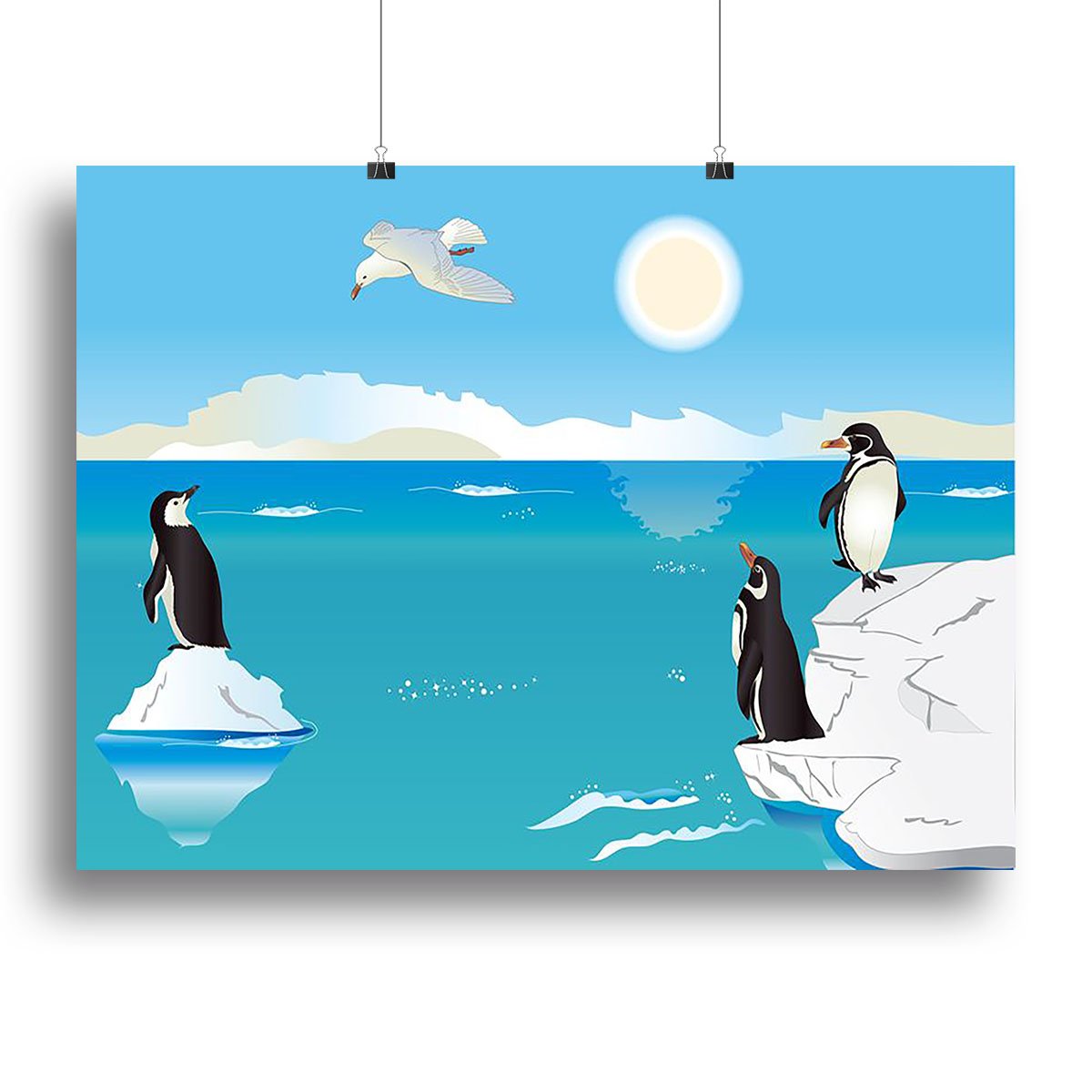 Polar scenery with penguins and sea gull Canvas Print or Poster