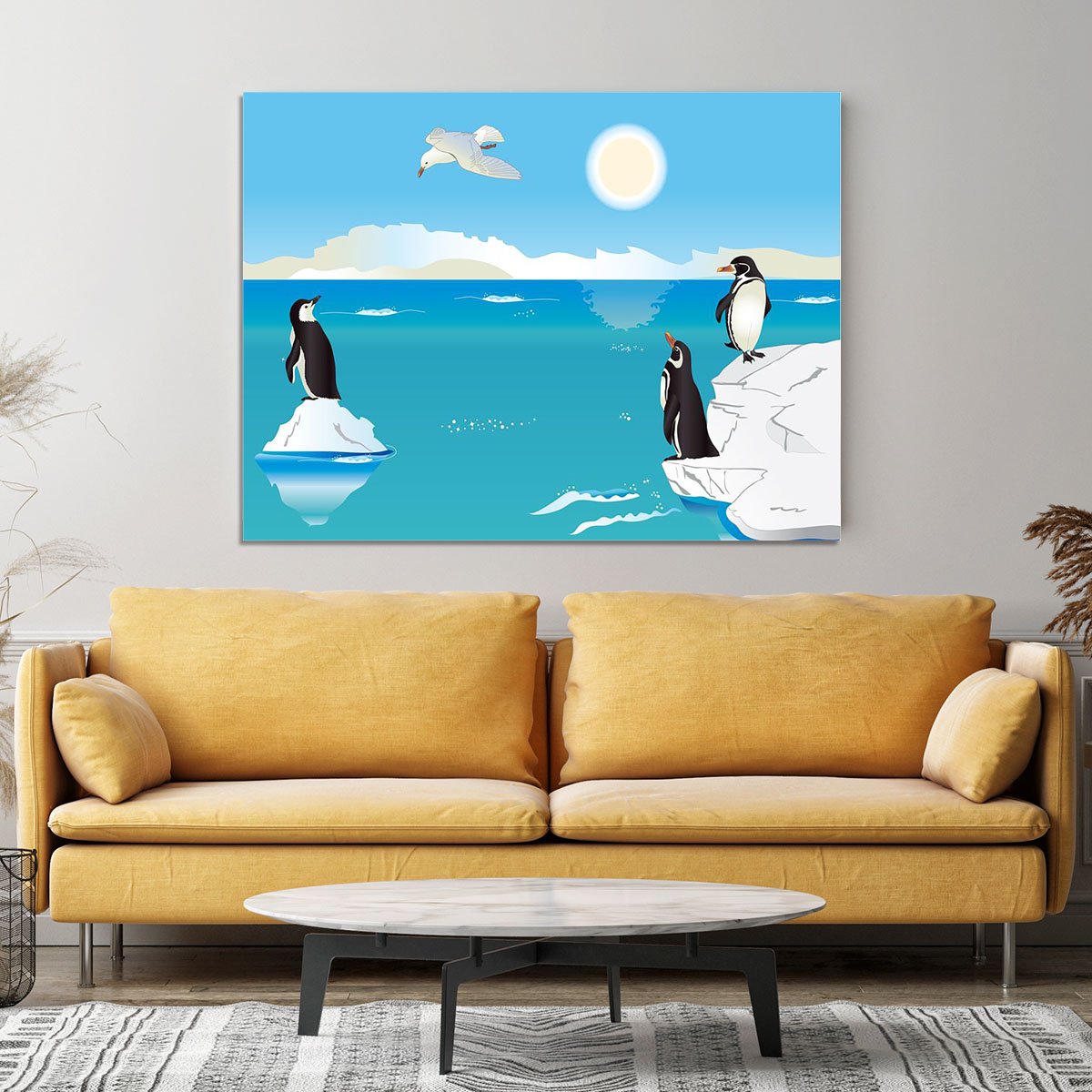 Polar scenery with penguins and sea gull Canvas Print or Poster