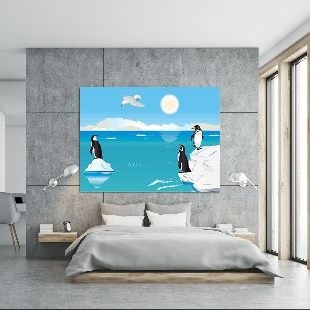 Polar scenery with penguins and sea gull Canvas Print or Poster