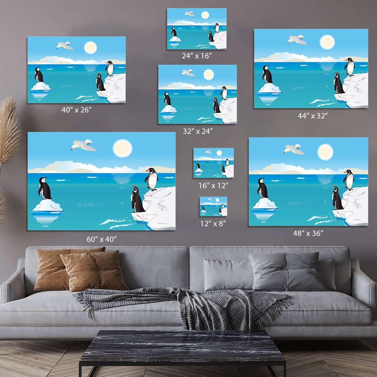Polar scenery with penguins and sea gull Canvas Print or Poster
