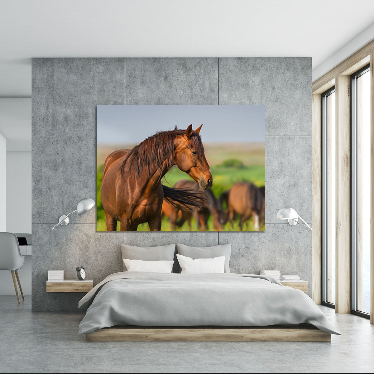 Portrait of red horse in herd on spring pasture Canvas Print or Poster