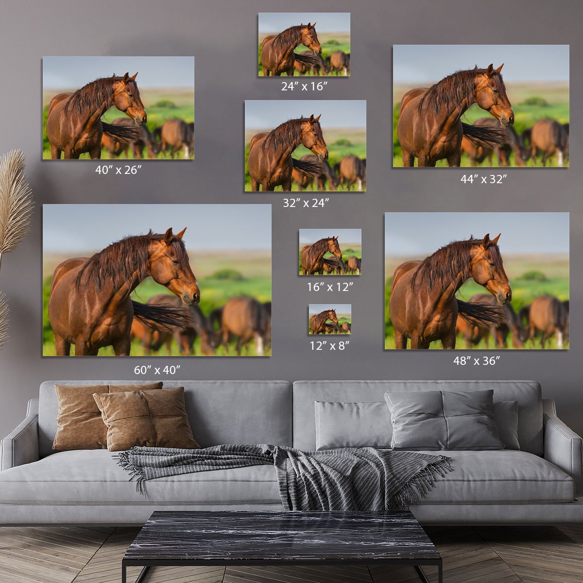 Portrait of red horse in herd on spring pasture Canvas Print or Poster