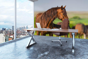 Portrait of red horse in herd on spring pasture Wall Mural Wallpaper - Canvas Art Rocks - 3