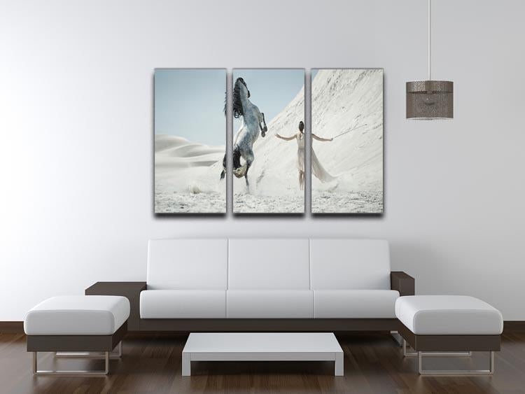 Pretty lady with white horse on the desert 3 Split Panel Canvas Print - Canvas Art Rocks - 3