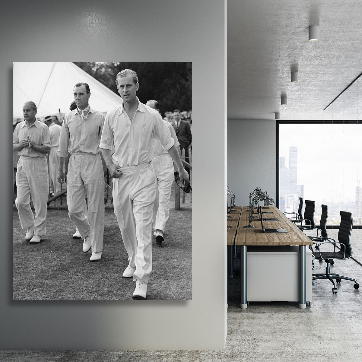 Prince Philip leading his cricket team onto the field Canvas Print or Poster