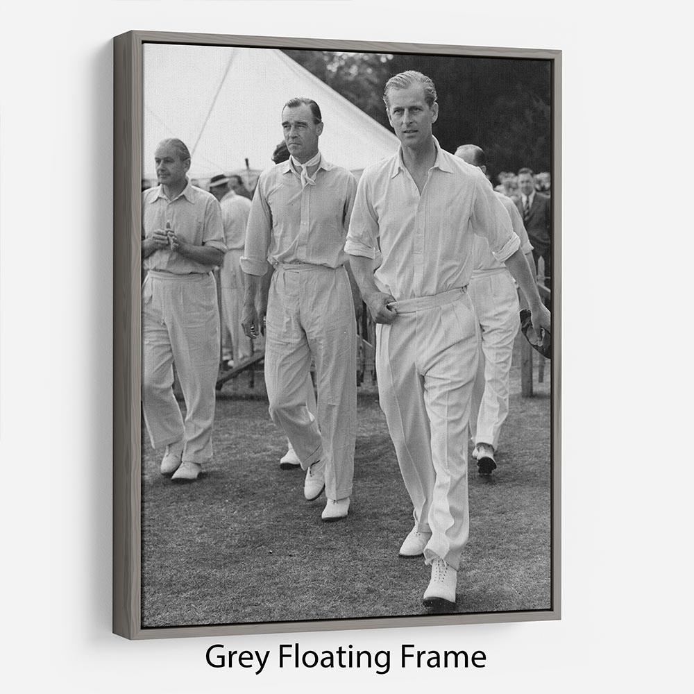 Prince Philip leading his cricket team onto the field Floating Frame Canvas