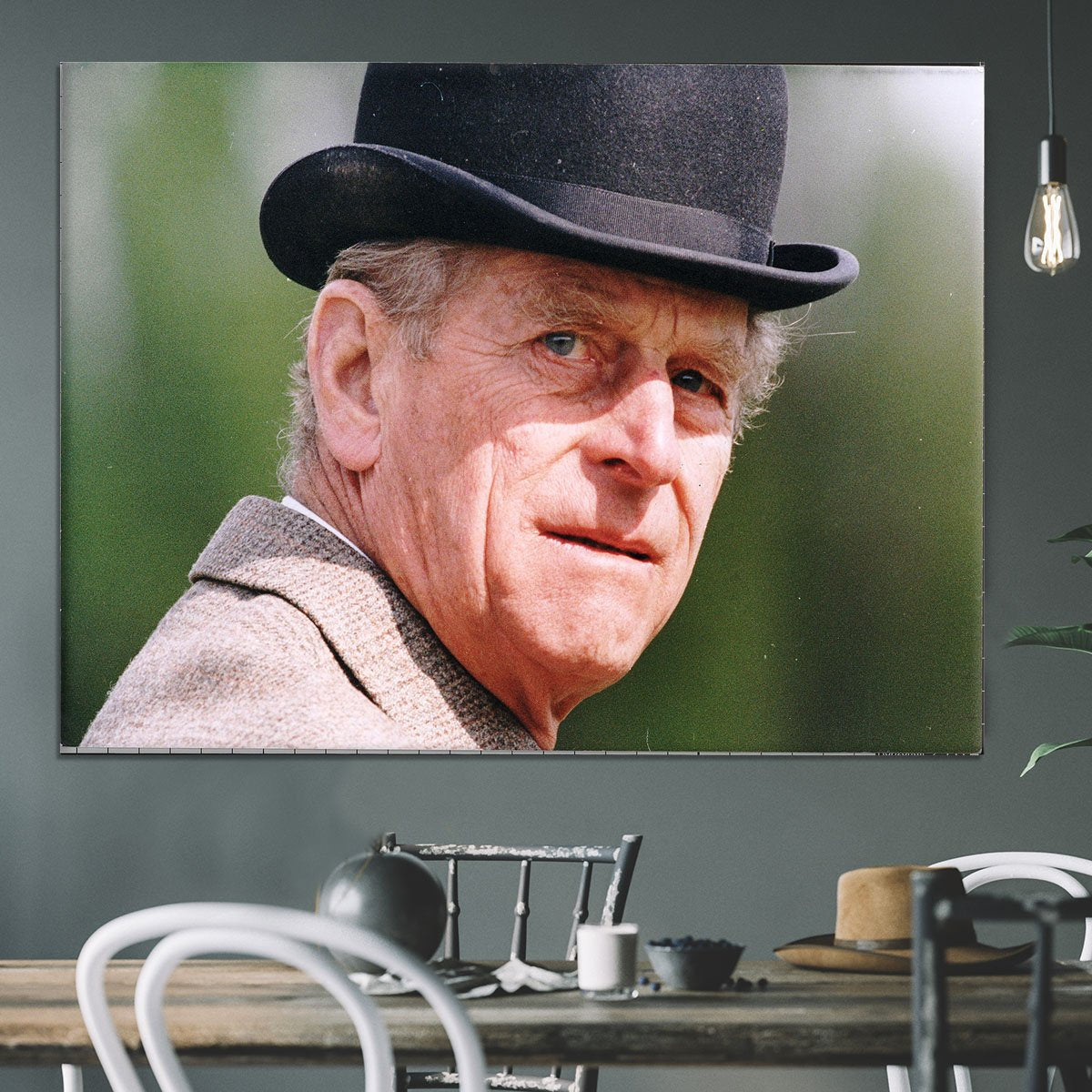 Prince Philip out riding in a black bowler hat Canvas Print or Poster