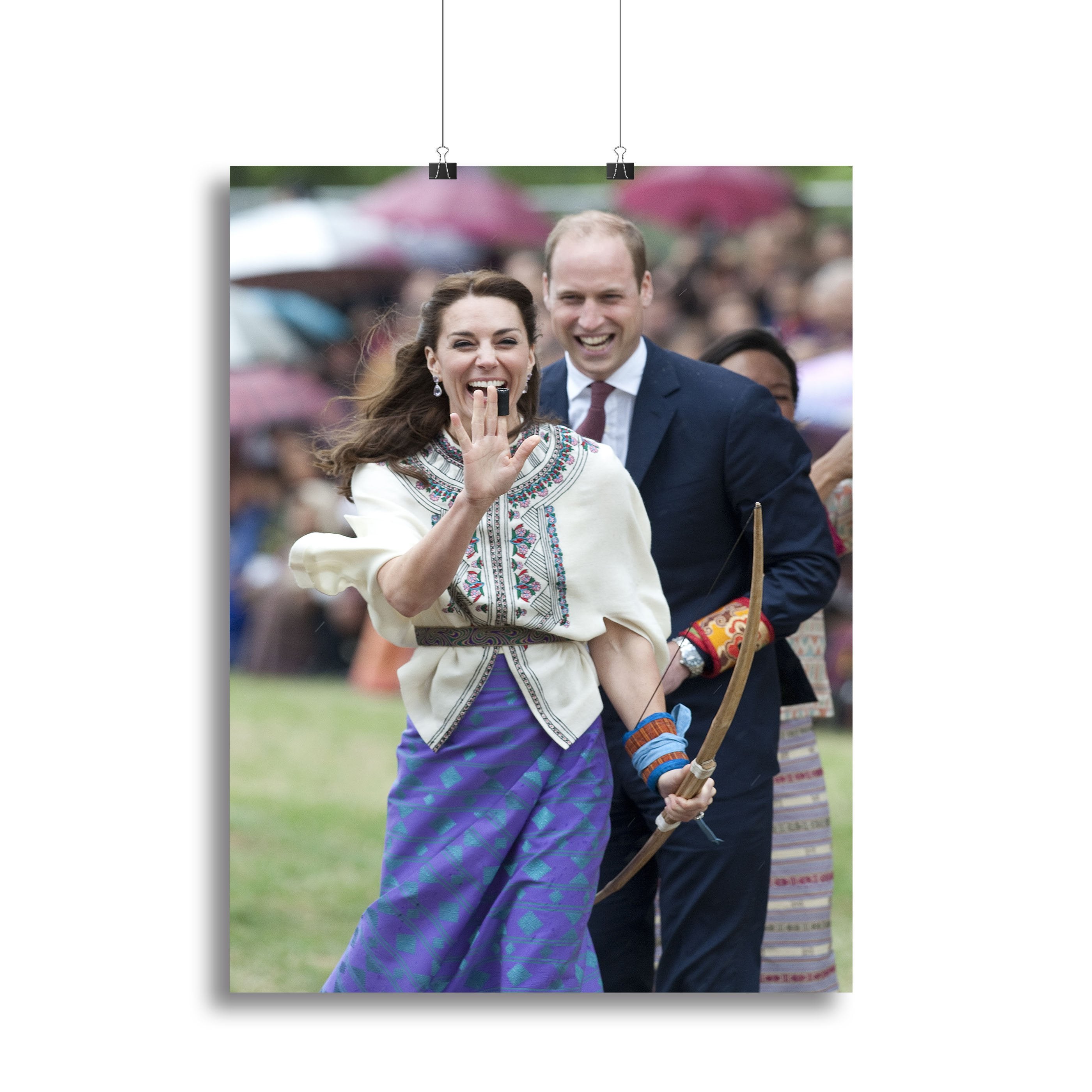 Prince William and Kate laughing trying archery in Bhutan Canvas Print or Poster